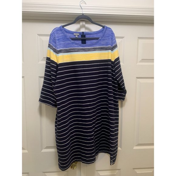 T by Talbots Dresses & Skirts - T by Talbots Multicolored Striped 3/4 Sleeve Boat Neck Midi Dress 3X